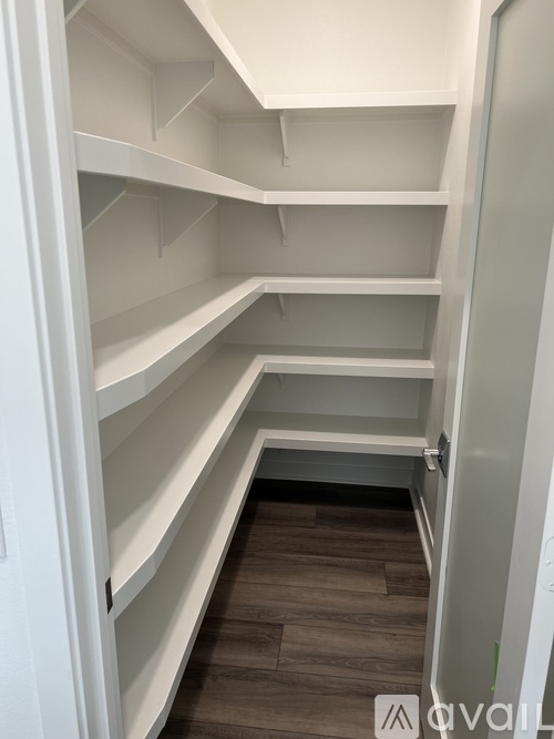 Empty white shelves in a pantry.