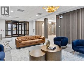 A modern office space with a leather sofa, blue armchairs, and a wooden coffee table.