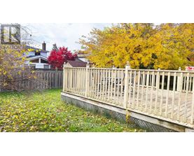 A wooden bridge over a grassy area with trees in the background.