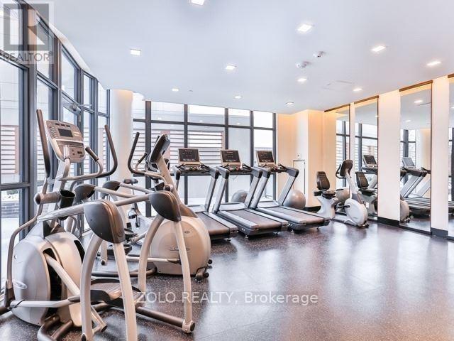 A gym with treadmills and exercise bikes.