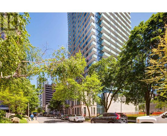 A city street with cars and trees in the foreground and a tall building in the background.