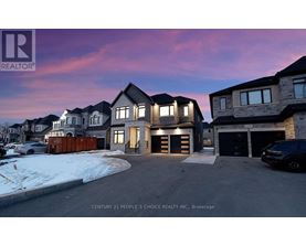 A real estate company's promotional image featuring a modern house with a driveway and garage.