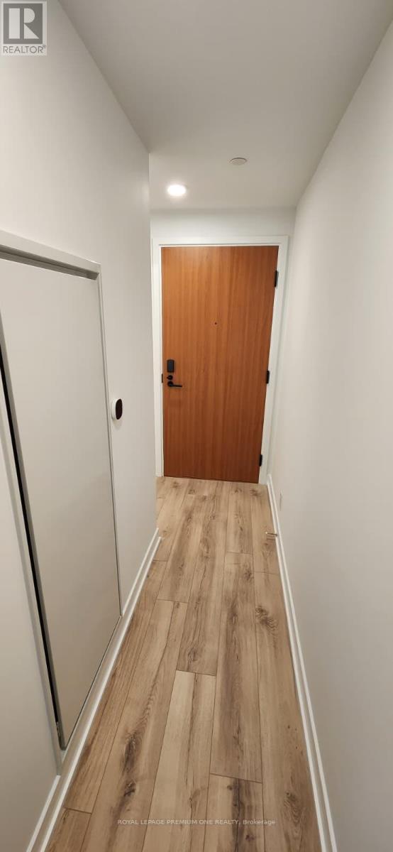 A long hallway with a wooden door at the end.