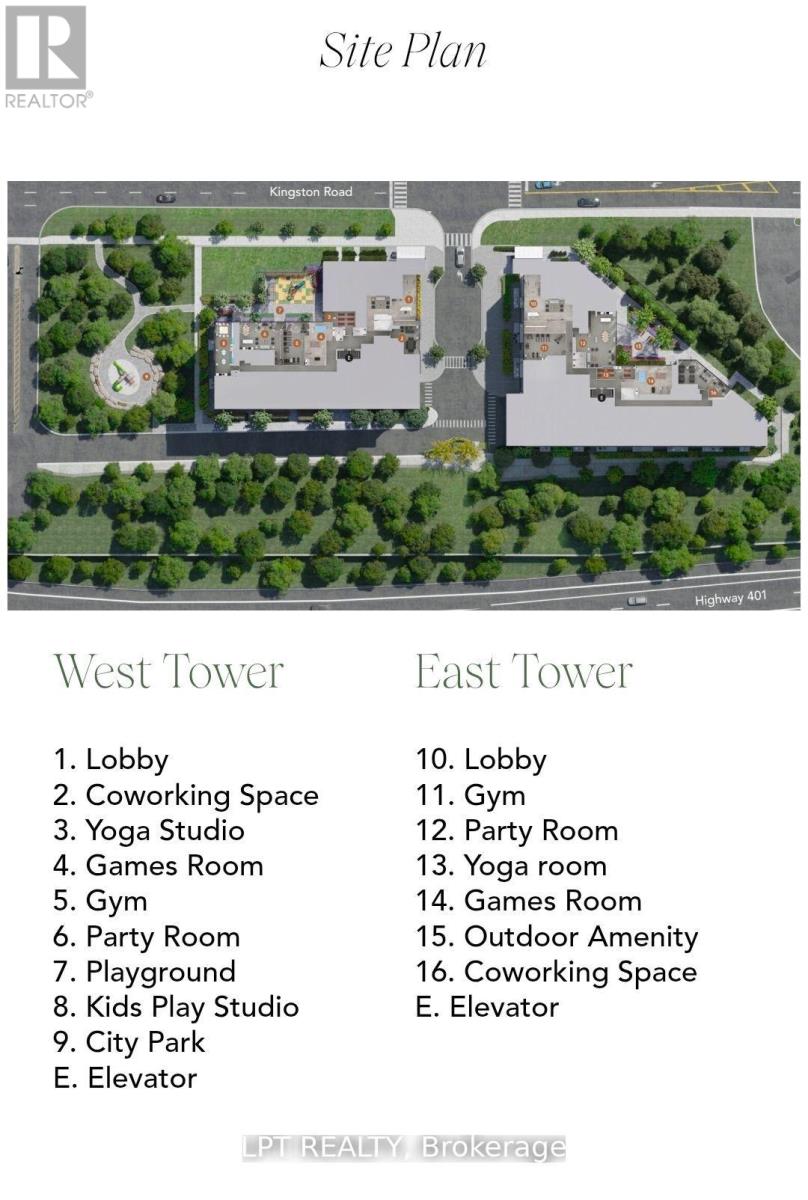 A site plan for a real estate listing shows the layout of two towers with labeled rooms.