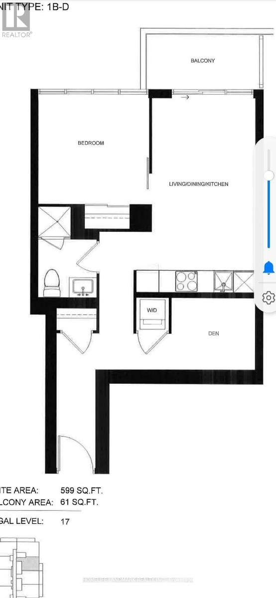 A floor plan of a 1-bedroom apartment with a living room, bedroom, and den.
