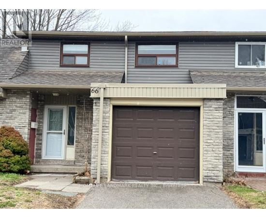 House number 66 has a brown garage door.