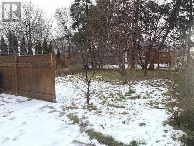 A snow-covered ground with a wooden fence and bare trees in the background.