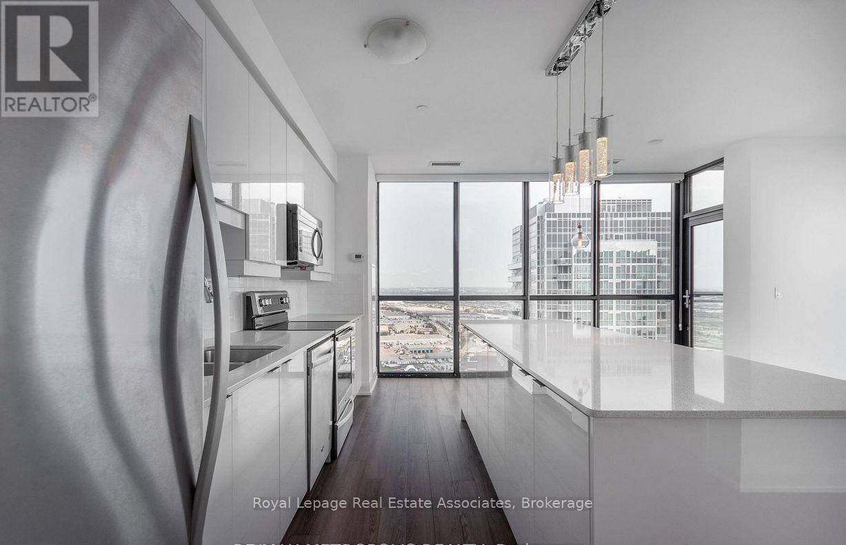 A modern kitchen with a view of the city.