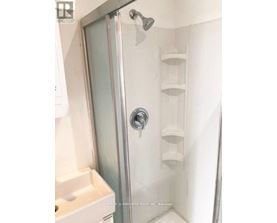 A shower with a glass door and a white sink.