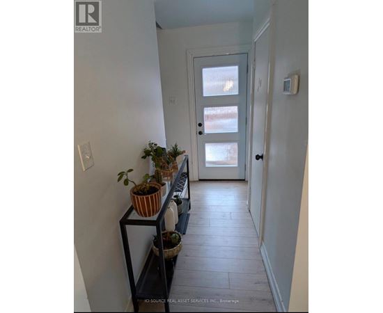 A hallway with a door and a plant on a shelf.