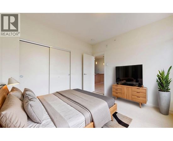 A bedroom with a bed, a television, and a plant.
