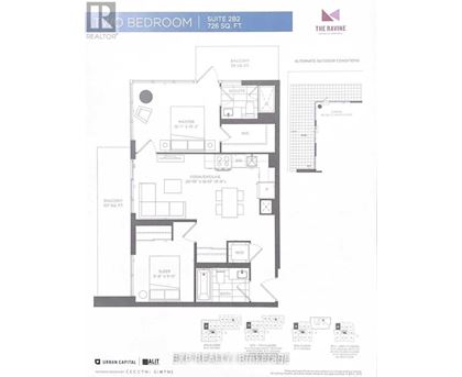 A floor plan of a bedroom suite in a building called The Ravine.