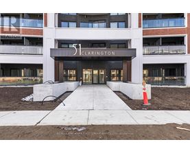 The front of a building with the name 51 Clarington on it.