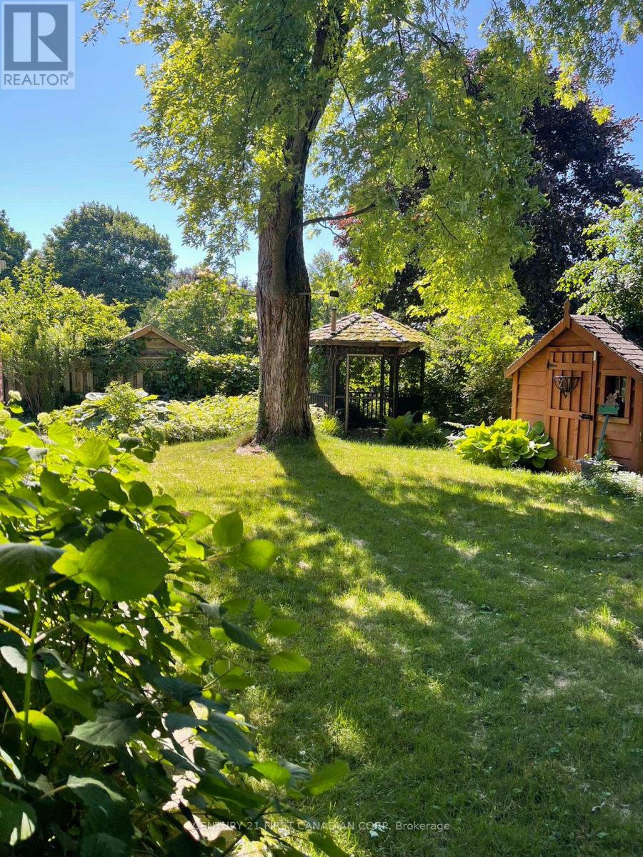 A tree in a yard with a gazebo and a small house.
