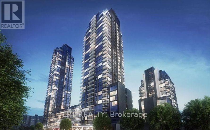 A real estate brokerage logo is displayed on a building in a cityscape.