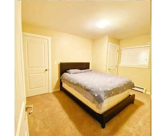 A bed with a blue and white comforter is in a room with carpeted flooring and white walls.