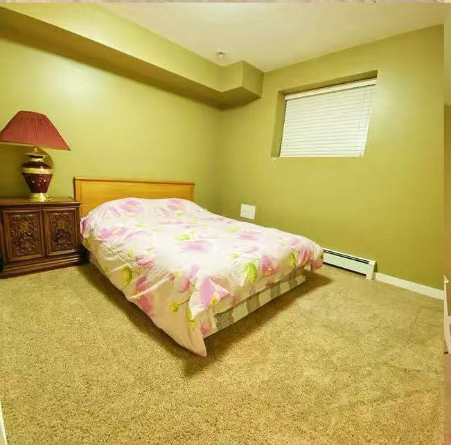 A bedroom with a bed, lamp, and carpet.