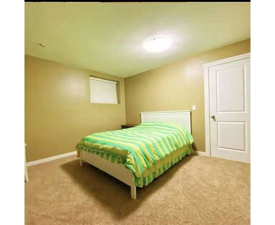 A bedroom with a bed and a carpeted floor.