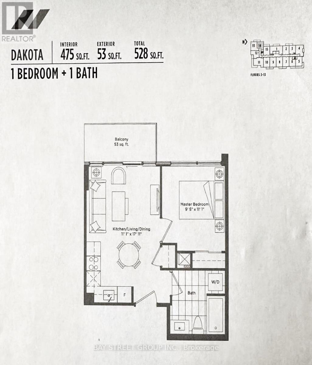 A floor plan for a 1 bedroom and 1 bathroom apartment in Dakota.