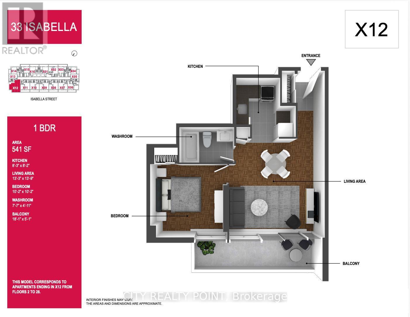 A floor plan for a 1 bedroom, 541 square foot apartment.