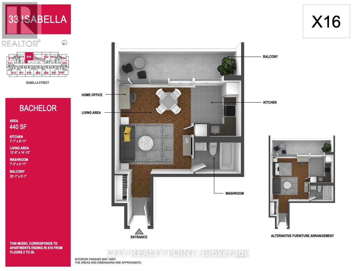 A floor plan for a 440 square foot apartment with a living area, kitchen, and bathroom.