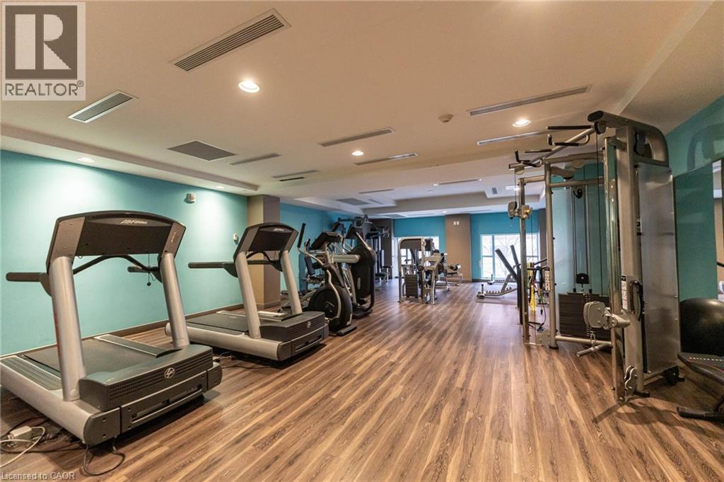 A gym with treadmills, weights, and exercise equipment.
