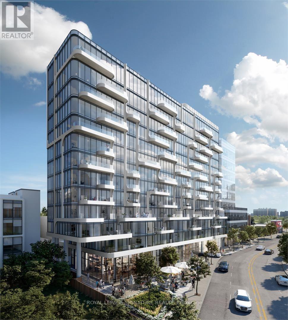 A modern multi-story building with a glass facade and balconies is depicted.