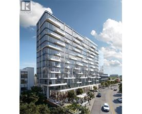 A modern multi-story building with a glass facade and balconies is depicted.