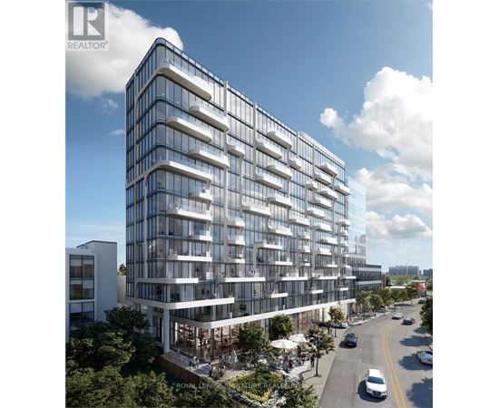 A modern multi-story building with a glass facade and balconies is depicted.