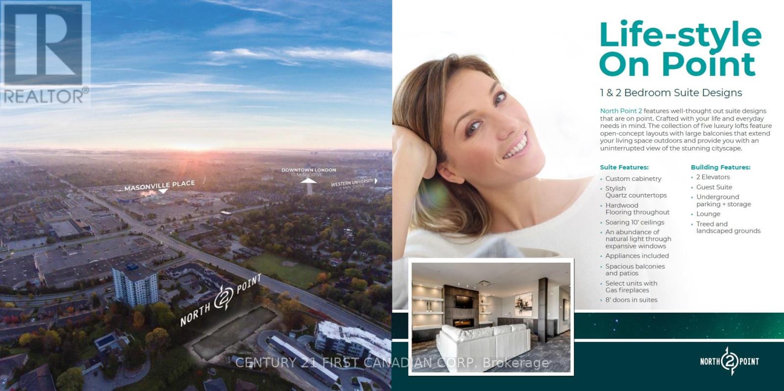 A real estate advertisement showcasing a life-style on point with 1 & 2 bedroom suite designs.