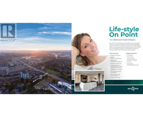 A real estate advertisement showcasing a life-style on point with 1 & 2 bedroom suite designs.