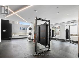 A gym with a squat rack and a wall with the word "NEVER" on it.