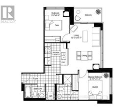 A black and white image of a floor plan for a home with a balcony, twin bedrooms, a living room, a kitchen, a dining room, a foyer, a bathroom, an ensuite, and a master bed