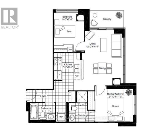 A black and white image of a floor plan for a home with a balcony, twin bedrooms, a living room, a kitchen, a dining room, a foyer, a bathroom, an ensuite, and a master bed