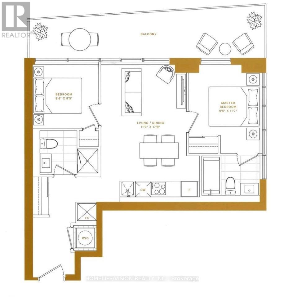 A floor plan of a home with a balcony and two bedrooms.