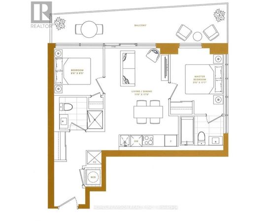 A floor plan of a home with a balcony and two bedrooms.