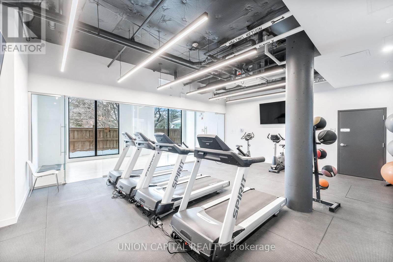 A gym with treadmills and exercise balls.