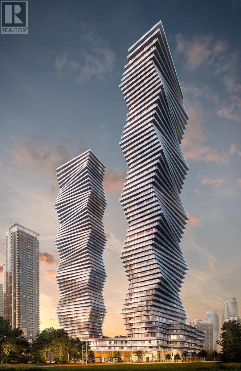Two tall buildings with a striped design are shown in the image.