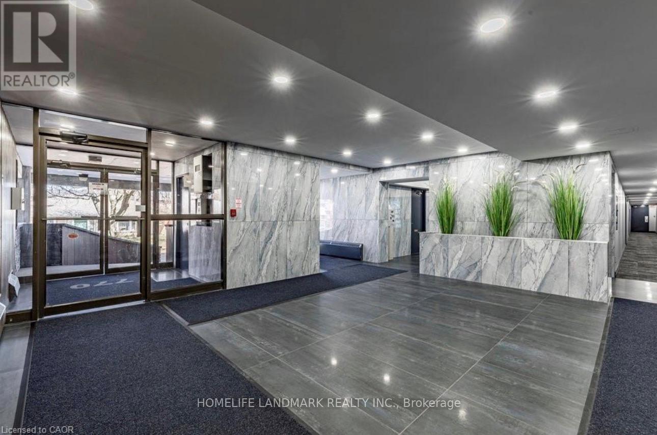 A lobby with a marble wall and a plant on top.