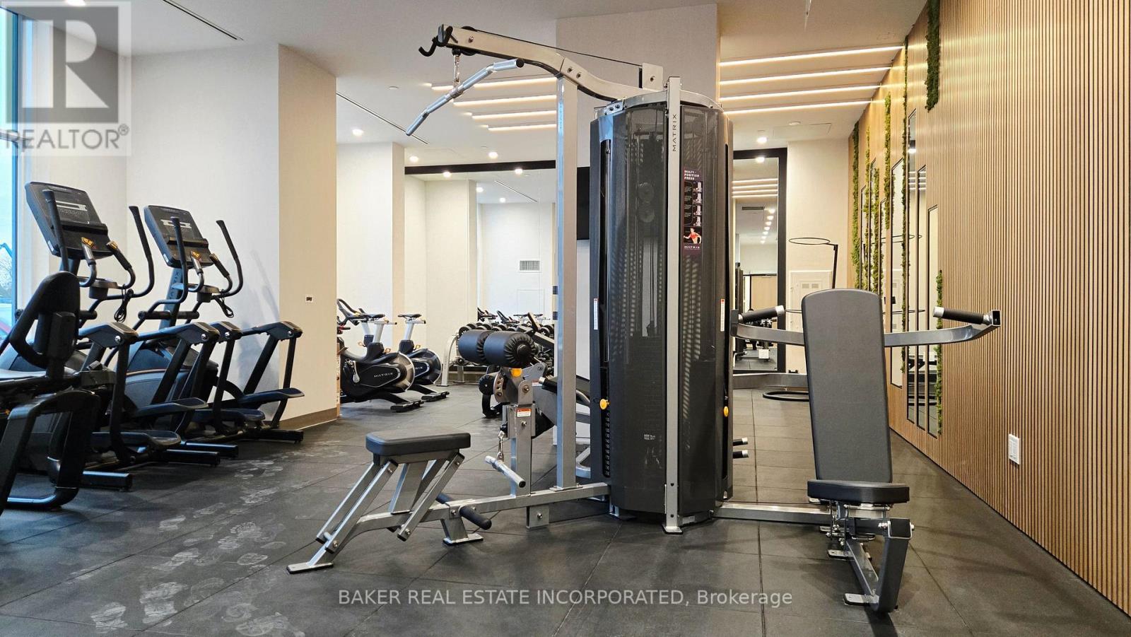 A gym with a row of treadmills and a squat rack.