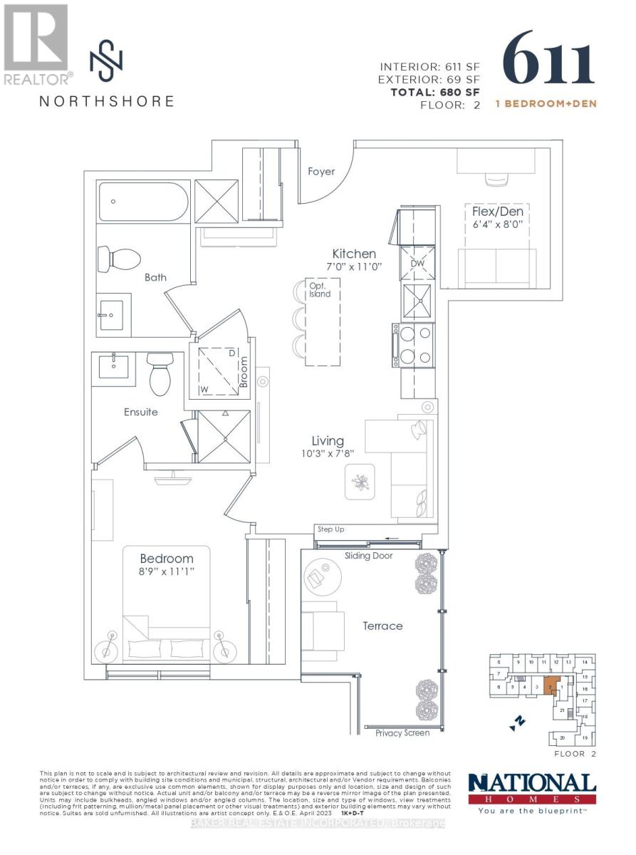 A floor plan for a 611 Northshore property with two bedrooms and two bathrooms.