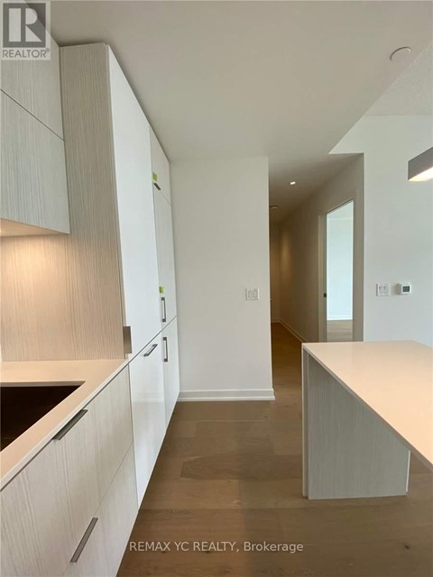 A modern kitchen with white cabinets and a countertop.