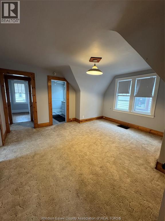 A carpeted room with a skylight and a window.