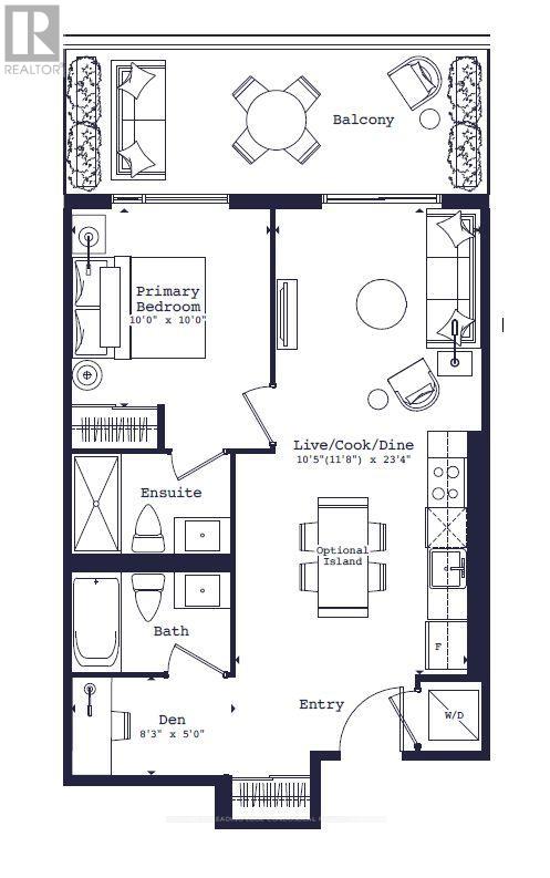 A floor plan of a house with a balcony, primary bedroom, live/cook/dine area, ensuite bathroom, and den.