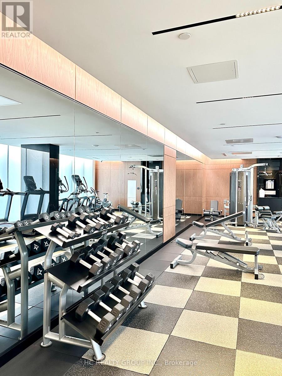 A gym with treadmills, weights and exercise equipment.