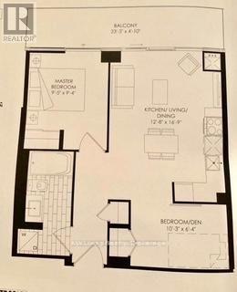 A floor plan of a residence with a master bedroom suite and a kitchen/dining area.