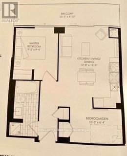 A floor plan of a residence with a master bedroom suite and a kitchen/dining area.