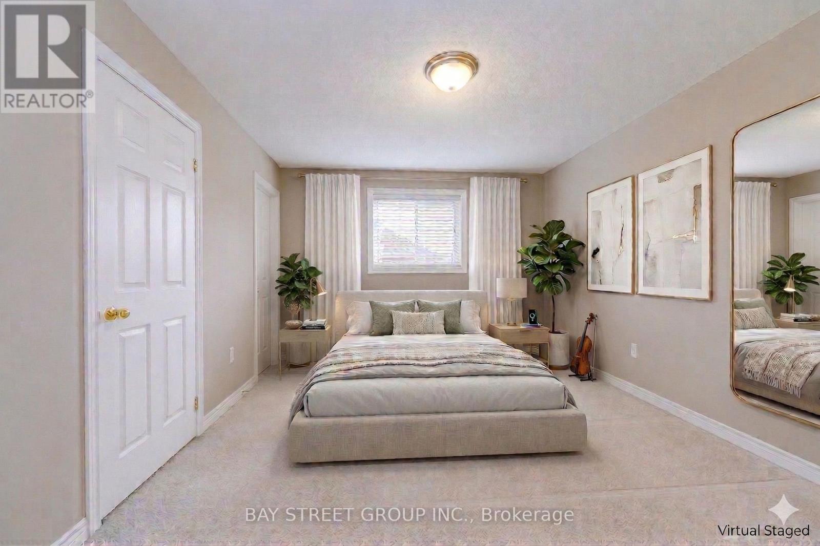 A bedroom with a bed, a guitar, and two potted plants.