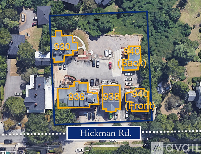 An aerial view of a property with Hickman Rd. written below it.