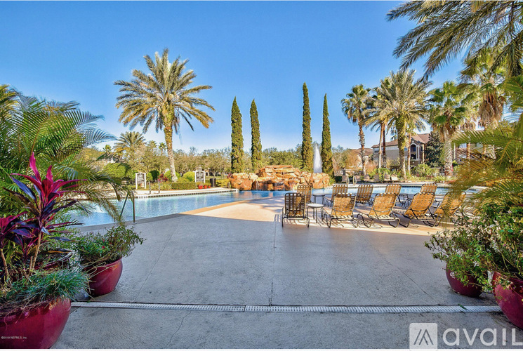 A pool area with chairs and palm trees.